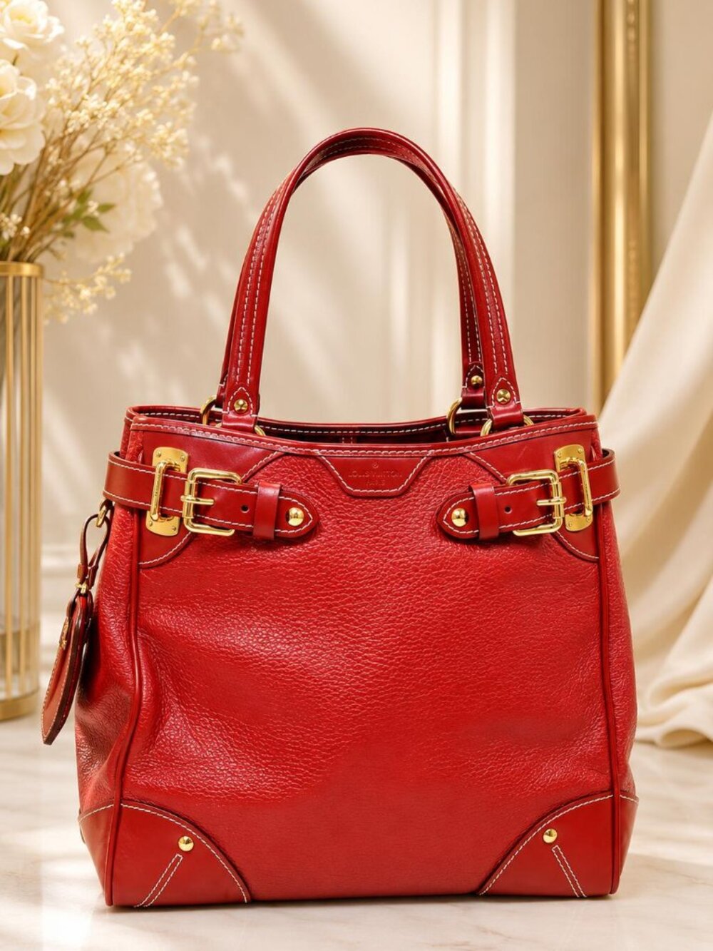 Authentic Louis Vuitton Suhali Le Fabuleux PM Red Leather Tote Shoulder Bag